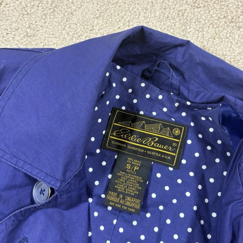 Eddie Bauer Womens Purple Trench Coat Size S P Button Front Polka Dot Lining